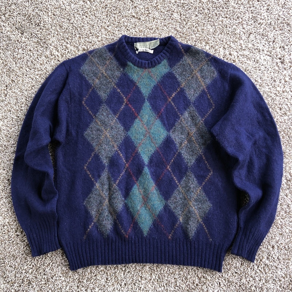 Vintage Christopher Hayes Irish 100% Shetland Wool Sweater Men XL Argyle Pattern